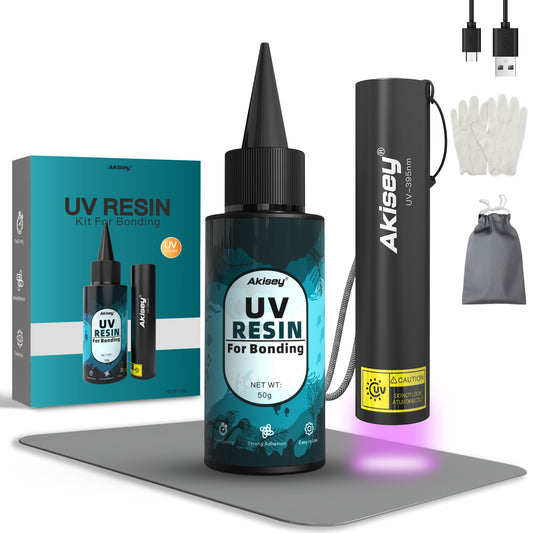 UV Resin Kit with Light | 50g UV Resin with Rechargeable 395NM UV Flashlight | Fast Curing in Seconds | for Bonding Jewelry, Plastic, Glass Repair, w/Mat, Gloves, Storage Bag
